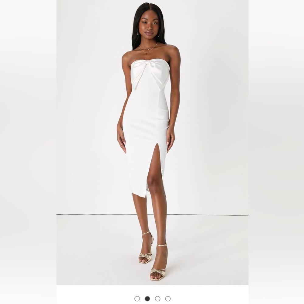 Bring the Poise White Strapless Bow Midi Dress lulus